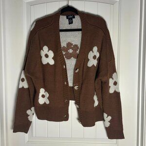 Floral Daisy Knit Cardigan Brown & White Button Front Just Polly New York Medium